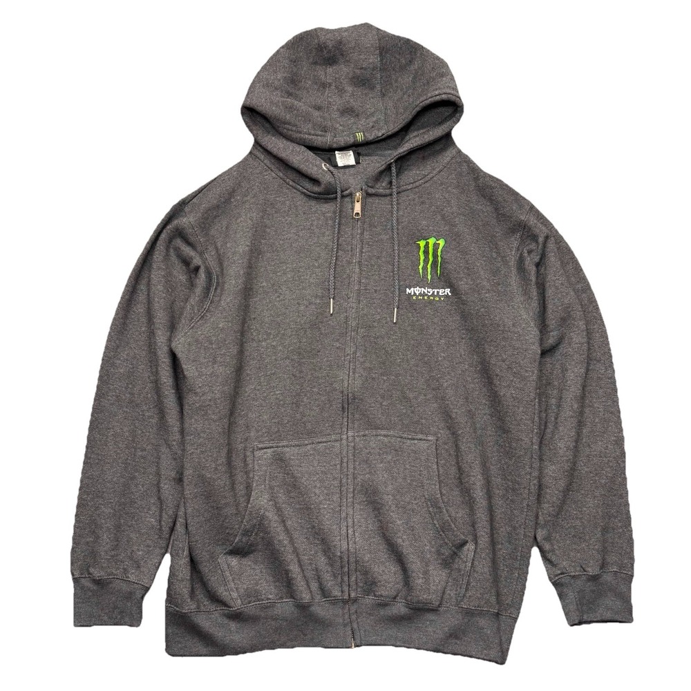 Monster Energy Hoodie Mens Large Gray Full Zip Sweatshirt Skater Logo Y2K‎